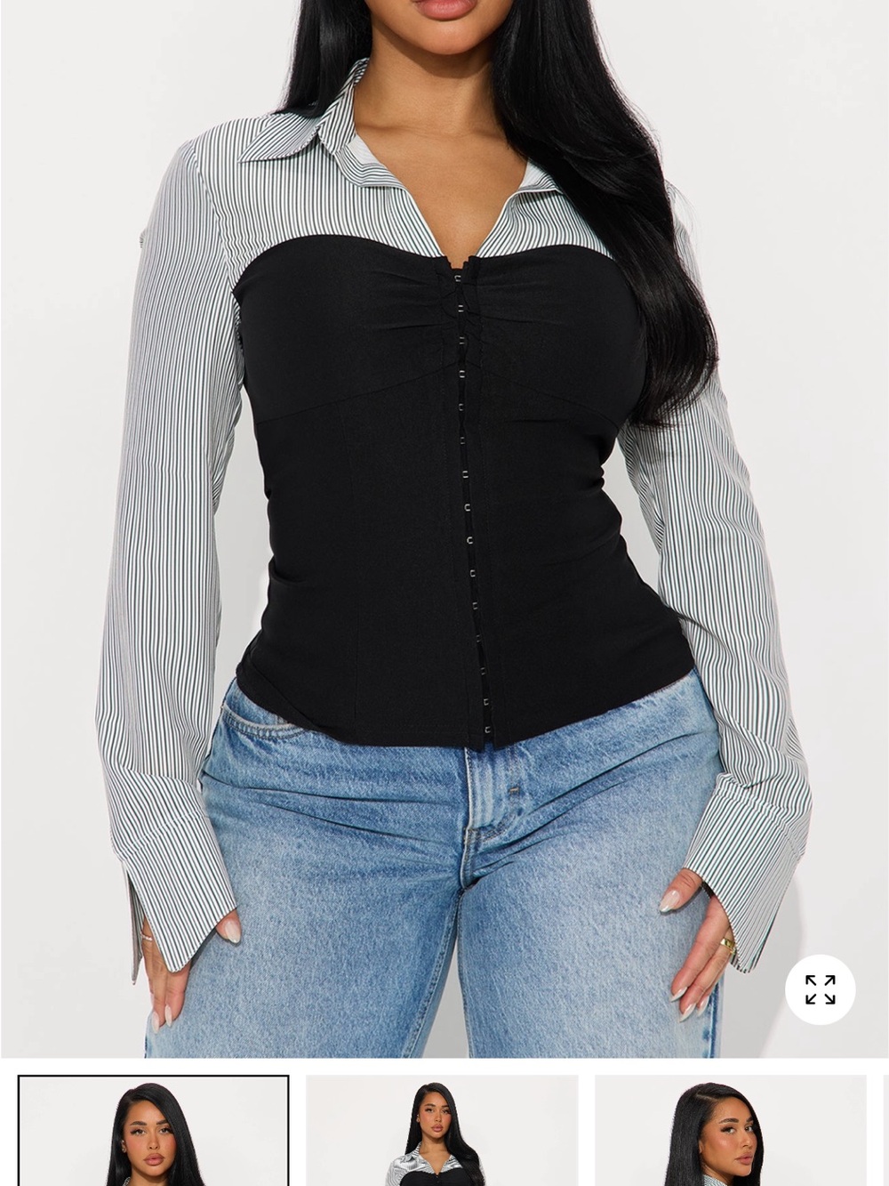 Striped Shirt-Sleeve Bustier Top - Black